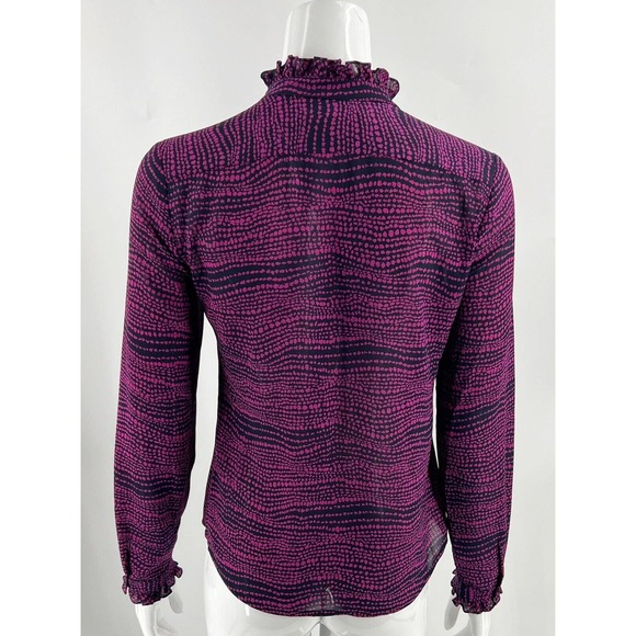 Tavora Top Size 4 Navy Black Purple Printed Sheer Button Up Ruffle Neck Blouse - Picture 4 of 6